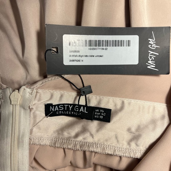 NASTY GAL | WOMEN’S CHAMPAGNE SATIN LET HER DANCE WIDE LEG JUMPSUIT SIZE 10 NWT - Picture 9 of 9